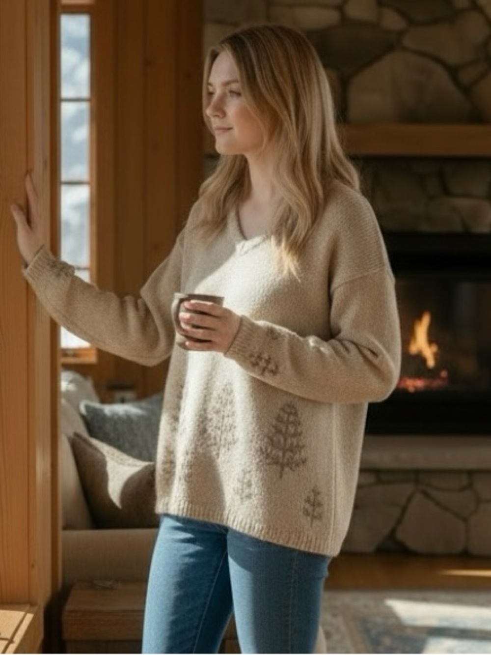 100% Wool Women's Cozy V-Neck Tree Motif Sweater Beige Old Money Granola